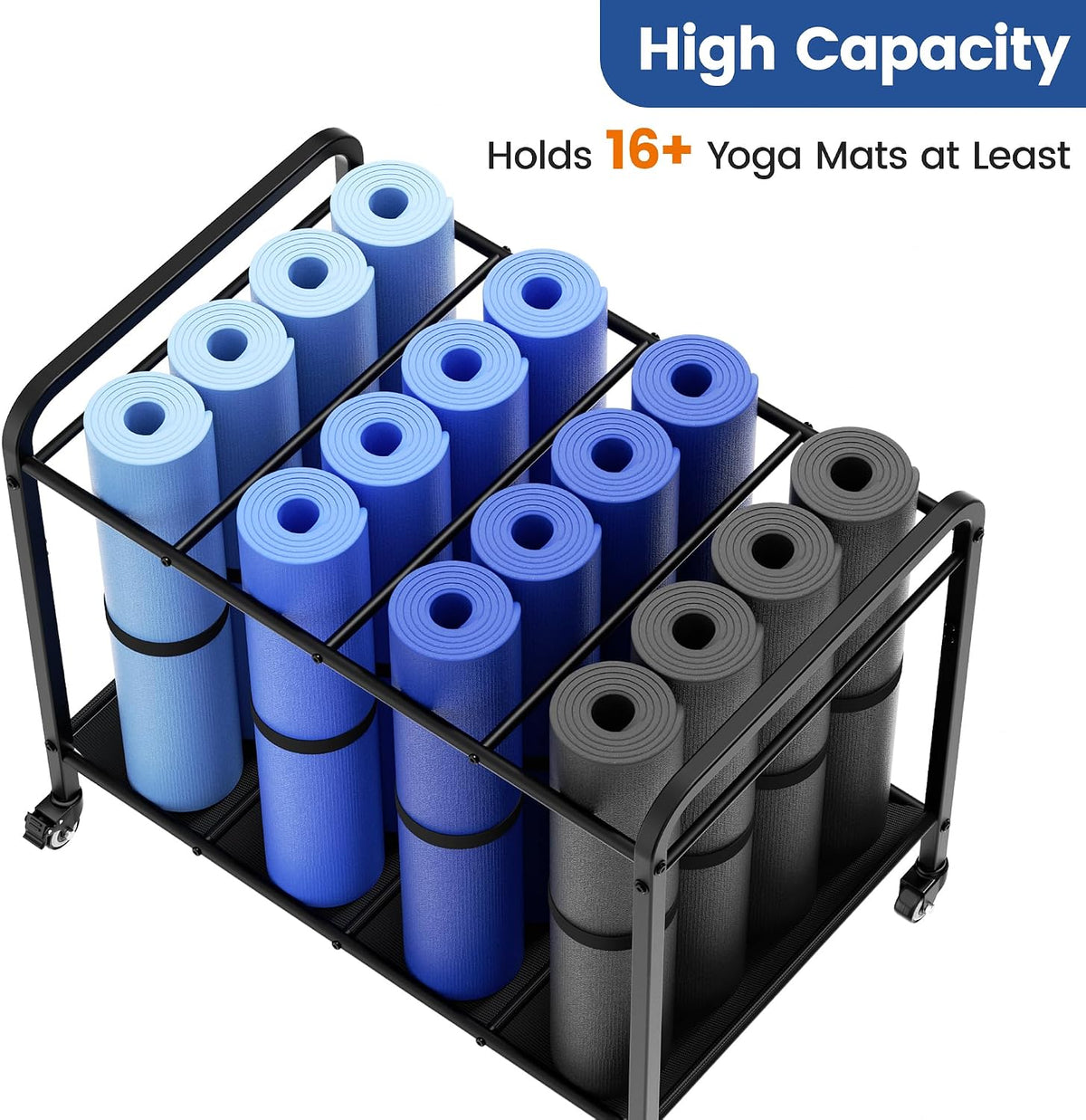 Heavy-Duty Rolling Yoga Mat Storage Cart, Holds 16+ Mats, Commercial-Grade Floor-Standing Metal Yoga Mat Rack for Gym,Fitness Classes, Yoga Studio & Home Gym, Black