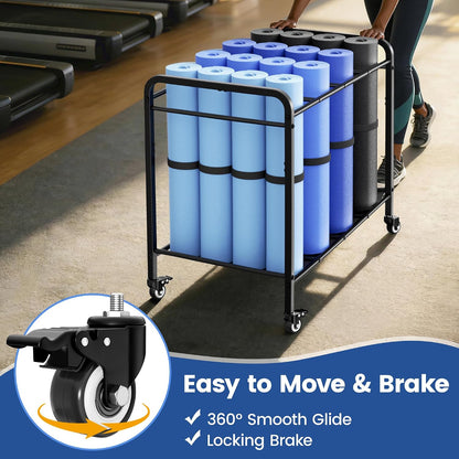 Heavy-Duty Rolling Yoga Mat Storage Cart, Holds 16+ Mats, Commercial-Grade Floor-Standing Metal Yoga Mat Rack for Gym,Fitness Classes, Yoga Studio & Home Gym, Black