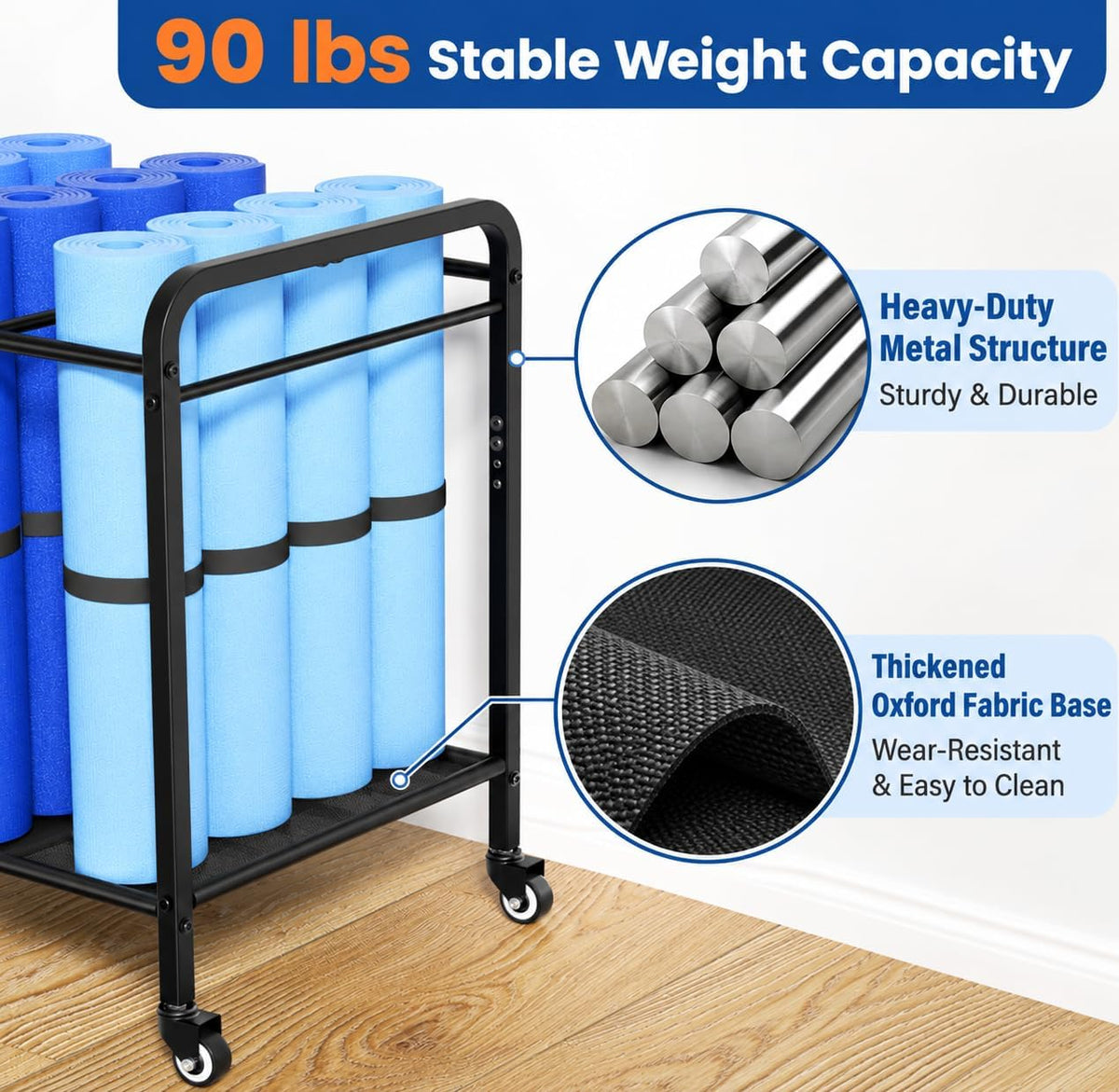 Heavy-Duty Rolling Yoga Mat Storage Cart, Holds 16+ Mats, Commercial-Grade Floor-Standing Metal Yoga Mat Rack for Gym,Fitness Classes, Yoga Studio & Home Gym, Black