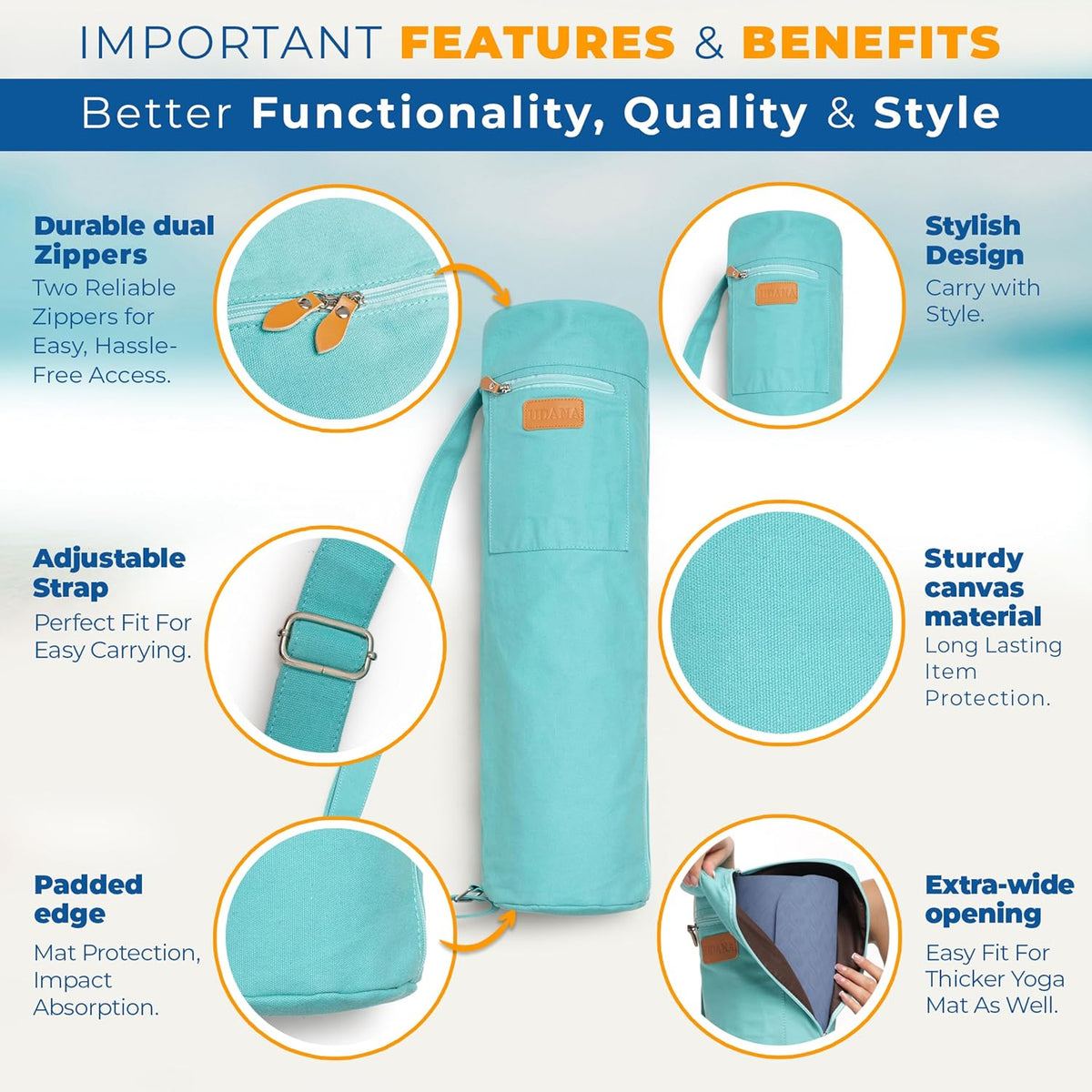 UDANA Canvas Yoga Mat Bag for Women & Men, Full-Zip Carrier with 3 Pockets & Adjustable Strap, Stylish Gym & Pilates Bag – Available in Multiple Sizes