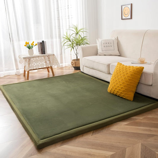 Coral Velvet Area Rug, Thick Japanese Tatami Mat Living Room Carpet with Non-Slip Backing, Large Solid Color Mat for Bedroom Dormitory Yoga, Olive Green, 59"x 78"