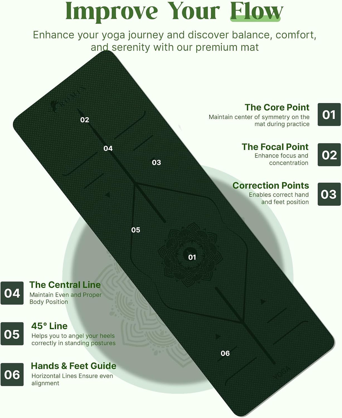 Pro Yoga Mat With Alignment Lines, 6Mm Thick Non-Slip Exercise Mat