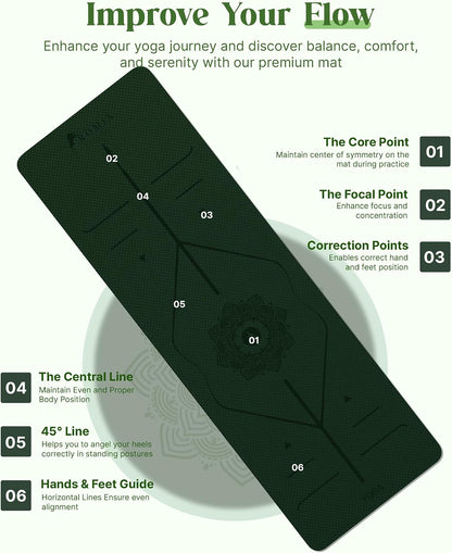 Pro Yoga Mat With Alignment Lines, 6Mm Thick Non-Slip Exercise Mat