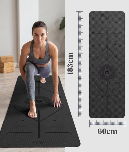 Pro Yoga Mat With Alignment Lines, 6Mm Thick Non-Slip Exercise Mat