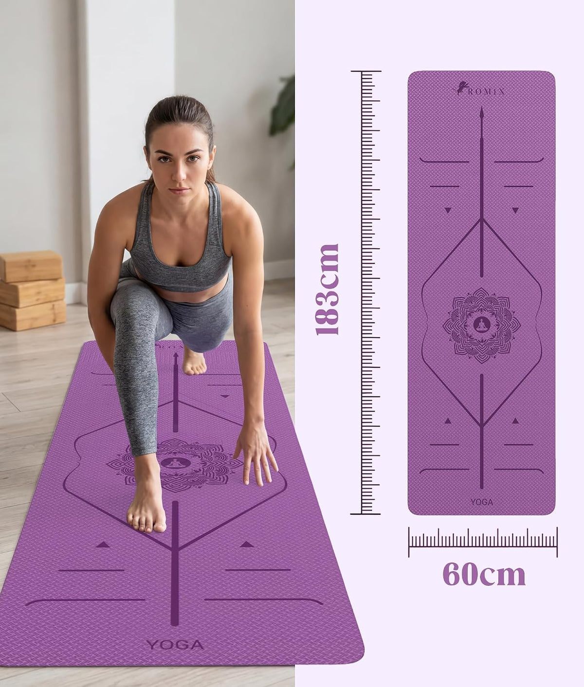 Pro Yoga Mat With Alignment Lines, 6Mm Thick Non-Slip Exercise Mat