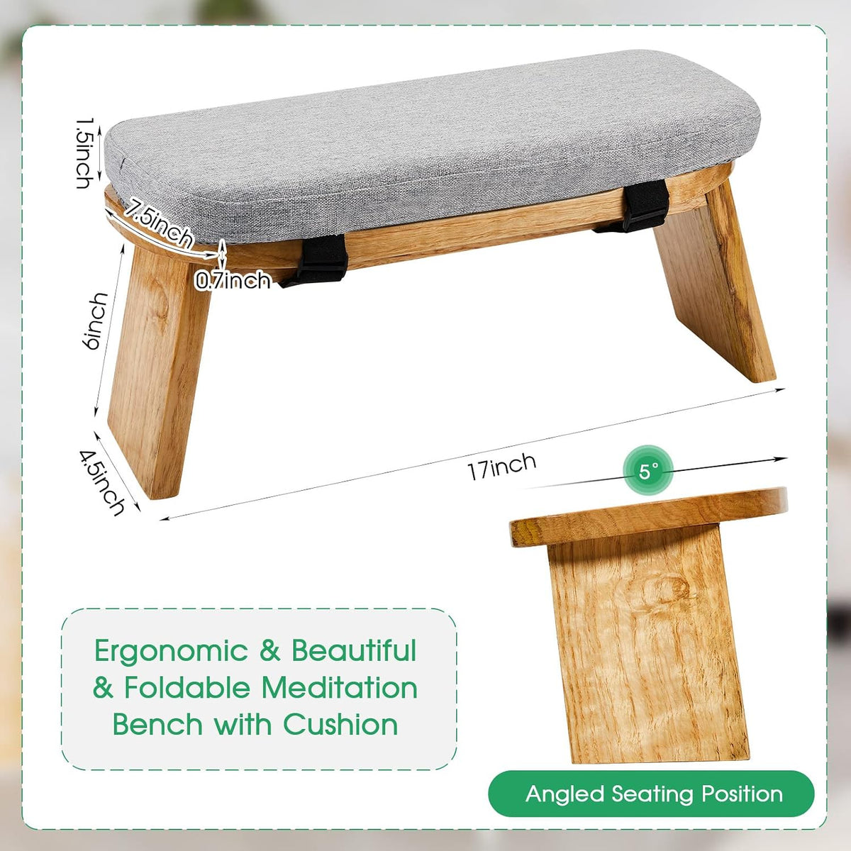 Bamboo Meditation Stool Foldable with Cushion, 16.1 x 7.5 x 6.7 Inch