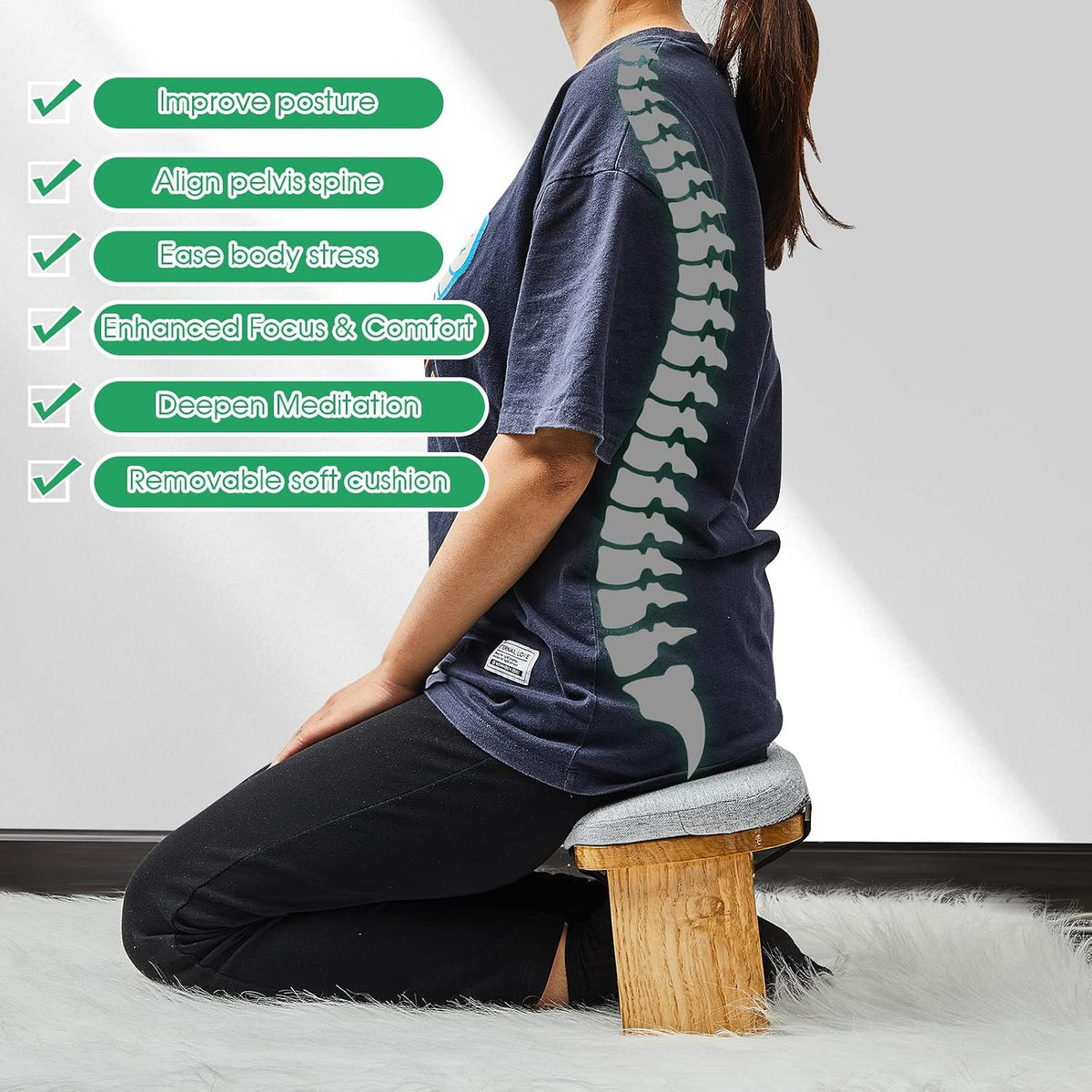 Bamboo Meditation Stool Foldable with Cushion, 16.1 x 7.5 x 6.7 Inch