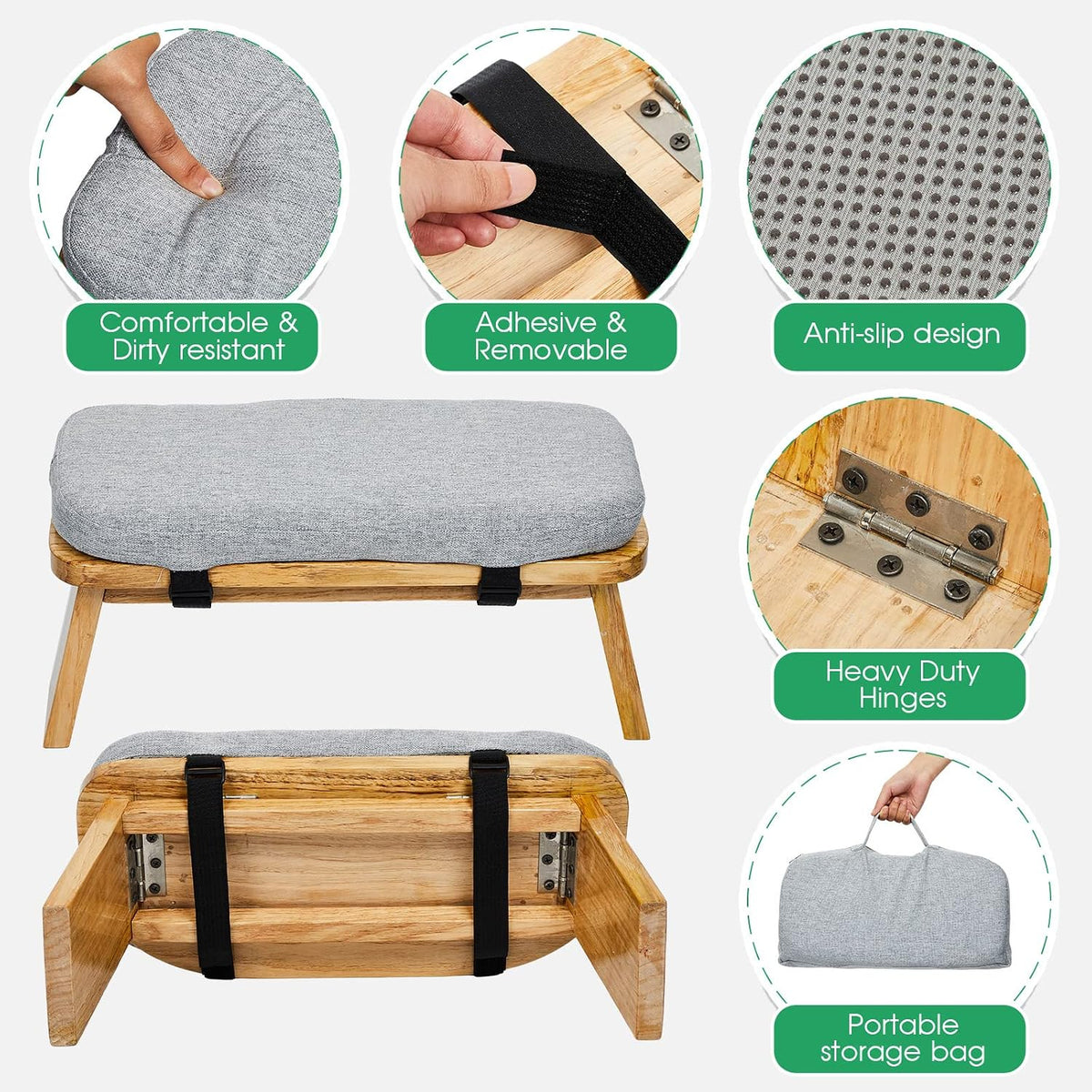 Bamboo Meditation Stool Foldable with Cushion, 16.1 x 7.5 x 6.7 Inch