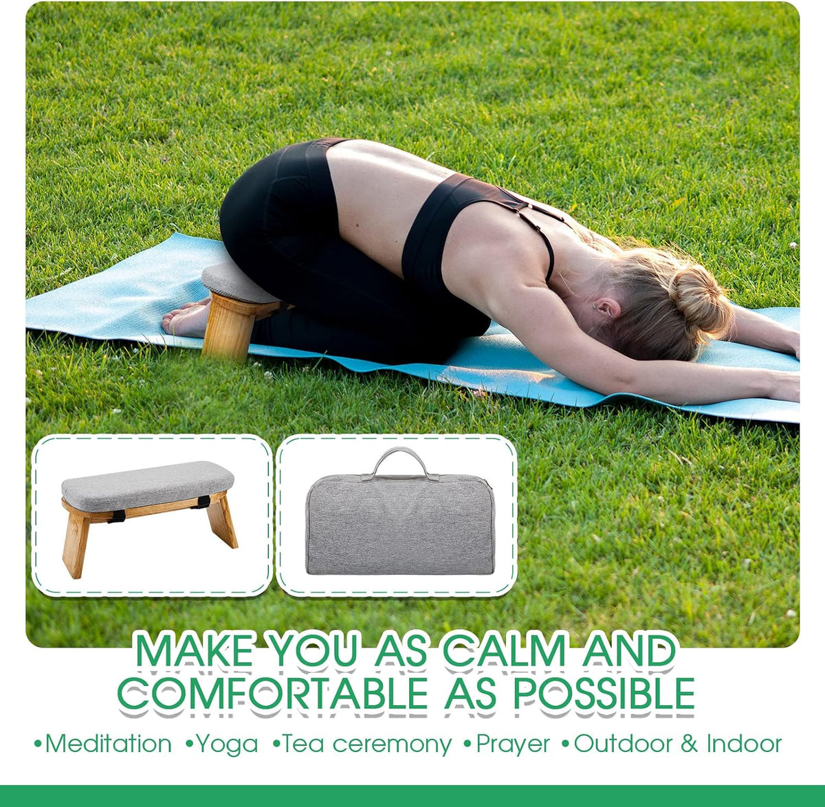Bamboo Meditation Stool Foldable with Cushion, 16.1 x 7.5 x 6.7 Inch