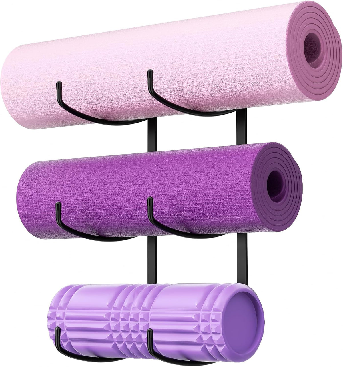 Yoga Mat Holder Wall Mount, 3-Tier Yoga Mat Storage Rack for Gym, Black