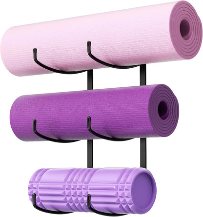 Yoga Mat Holder Wall Mount, 3-Tier Yoga Mat Storage Rack for Gym, Black
