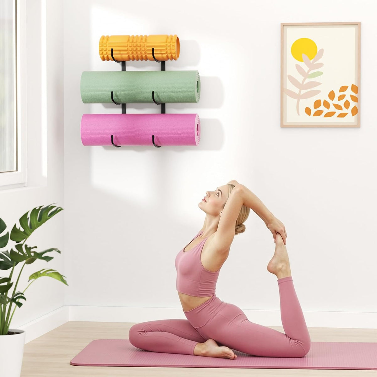 Yoga Mat Holder Wall Mount, 3-Tier Yoga Mat Storage Rack for Gym, Black