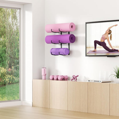 Yoga Mat Holder Wall Mount, 3-Tier Yoga Mat Storage Rack for Gym, Black