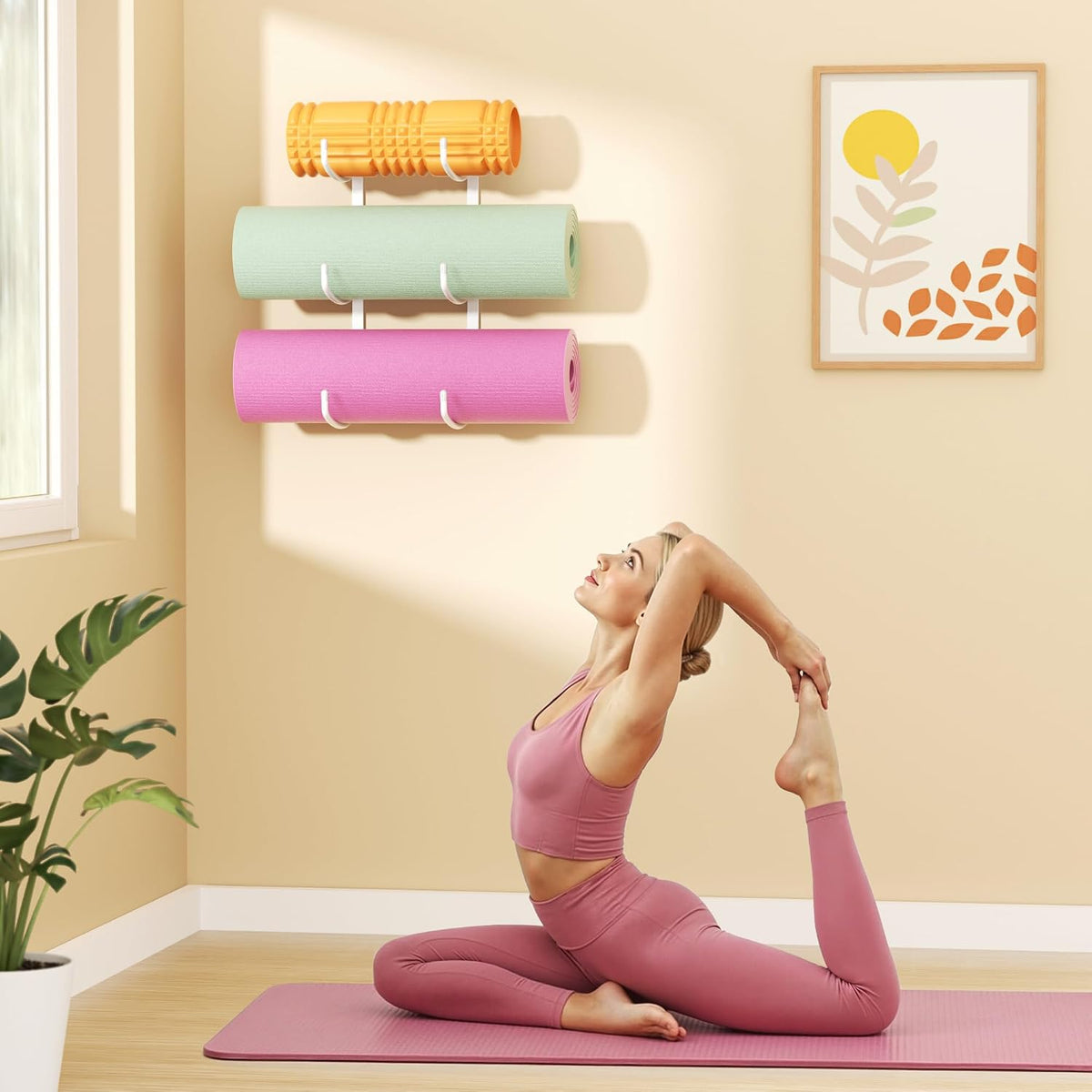 Yoga Mat Holder Wall Mount, 3-Tier Yoga Mat Storage Rack for Gym, Black