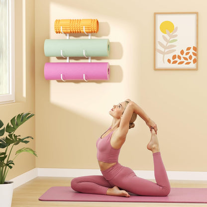 Yoga Mat Holder Wall Mount, 3-Tier Yoga Mat Storage Rack for Gym, Black