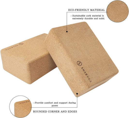 Cork Yoga Block 2 Pack for Pilates 9"x6"x4" Non-Slip & High Density