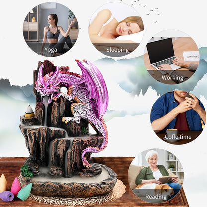 Dragon Backflow 2 Sided Mountain Waterfall Incense Burner,Fountain Smoke Incense Holder with Backflow Incense Cones, Tweezers, Mat，Resin Aromatherapy Meditation (Green)