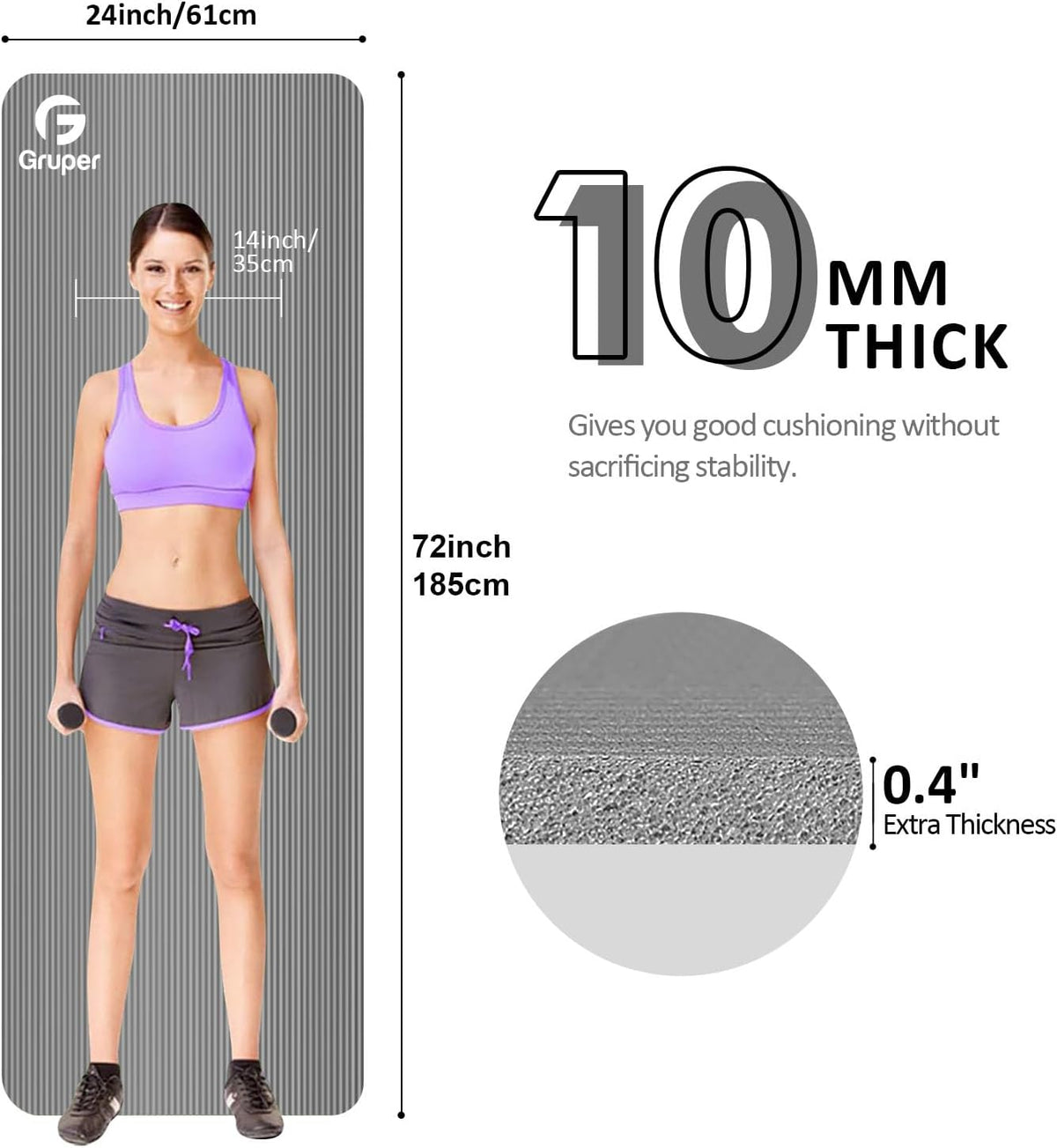 Yoga Mat Non Slip NBR Extra Thick Yoga Mat, 72"L x 32"/24"W x 0.6"/0.4"TH (185cm x 80cm/61cm x 15mm/10mm), Anti-Tear Exercise Mat with Carrying Strap and Bag, Workout Mats for Yoga, Pilates