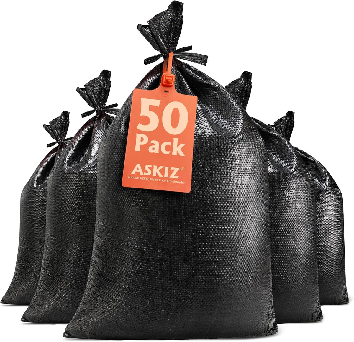 Heavy Duty Sand Bags With Tie Strings - 1600 Hours UV Protection, Polypropylene, 16" x 25.5" - Ultra Tough Sandbags for Hurricane Flooding (Black, 50 Bags)