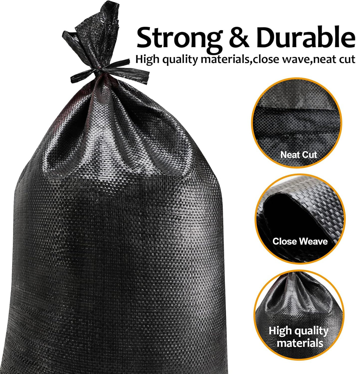 Heavy Duty Sand Bags With Tie Strings - 1600 Hours UV Protection, Polypropylene, 16" x 25.5" - Ultra Tough Sandbags for Hurricane Flooding (Black, 50 Bags)