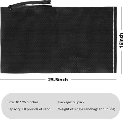 Heavy Duty Sand Bags With Tie Strings - 1600 Hours UV Protection, Polypropylene, 16" x 25.5" - Ultra Tough Sandbags for Hurricane Flooding (Black, 50 Bags)