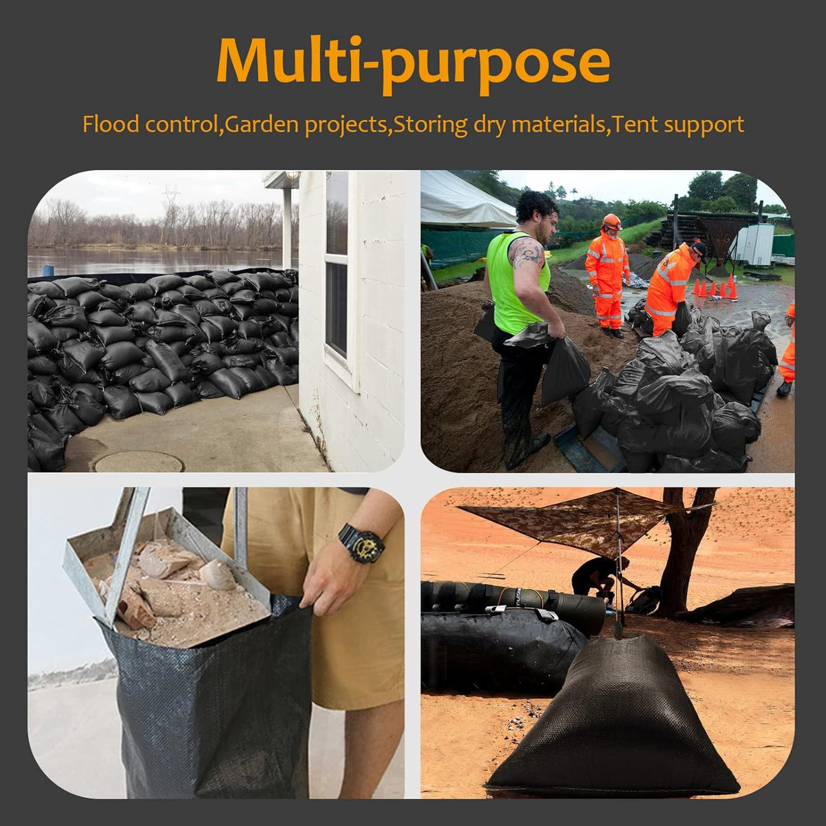 Heavy Duty Sand Bags With Tie Strings - 1600 Hours UV Protection, Polypropylene, 16" x 25.5" - Ultra Tough Sandbags for Hurricane Flooding (Black, 50 Bags)