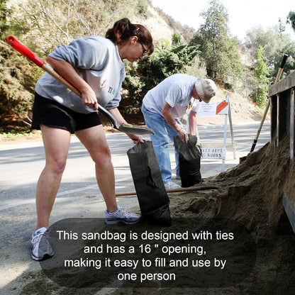 Heavy Duty Sand Bags With Tie Strings - 1600 Hours UV Protection, Polypropylene, 16" x 25.5" - Ultra Tough Sandbags for Hurricane Flooding (Black, 50 Bags)
