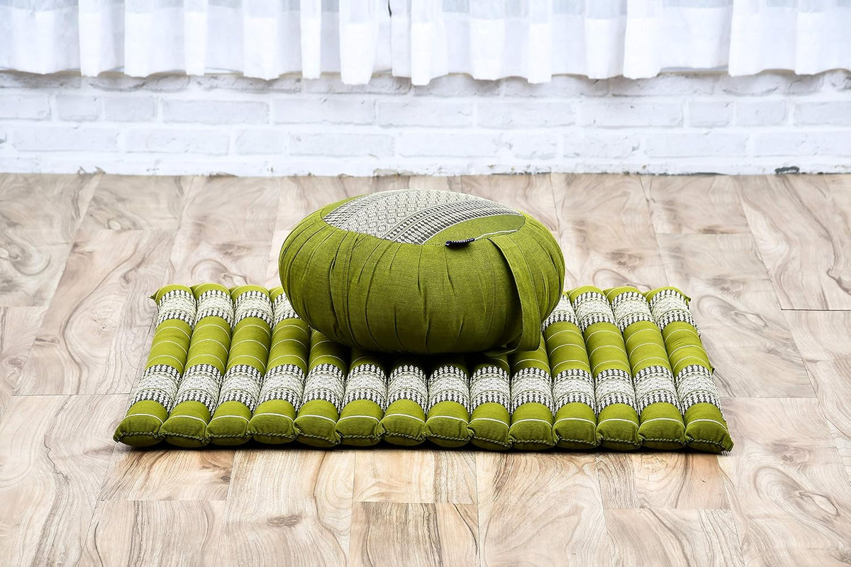 Meditation Cushion Set – 1 Round Zafu Meditation Pillow and 1 Square Roll-Up Zabuton Meditation Mat, Pillows Bundle Filled with Kapok