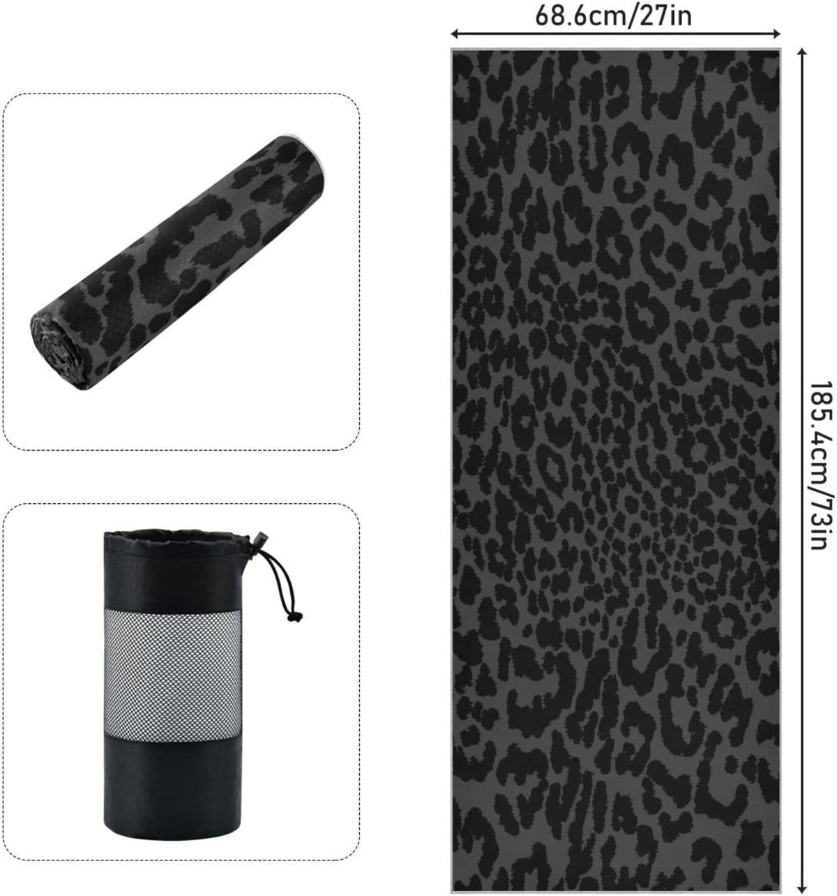 Leopard Black Yoga Mat Towel, Non Slip Sweat Absorbent Hot Yoga Towel Portable Lightweight Travel Workout Towel with Storage Bag for Home Yoga, Pilates, Fitness 73x 27 Inch