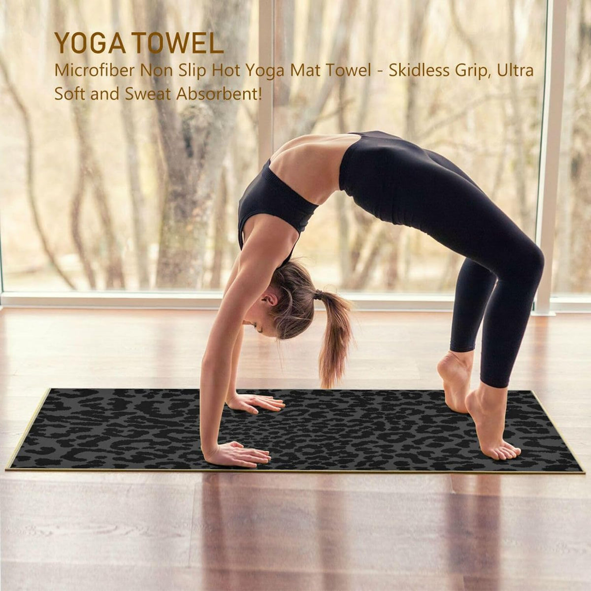 Leopard Black Yoga Mat Towel, Non Slip Sweat Absorbent Hot Yoga Towel Portable Lightweight Travel Workout Towel with Storage Bag for Home Yoga, Pilates, Fitness 73x 27 Inch