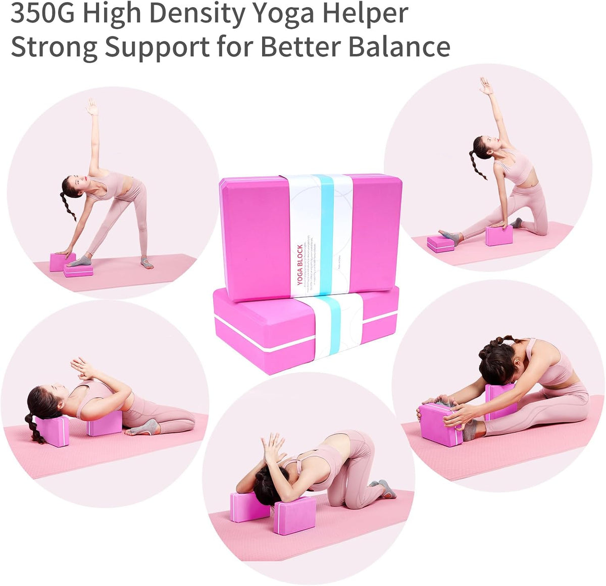 Yoga Blocks 2 Pack with Elastic Stretch Band & Bag – High Density Foam Yoga Blocks for Stability, Deep Stretching & Balance, 12-Loop Resistance Strap for Yoga, Pilates, Dance & Flexibility Training