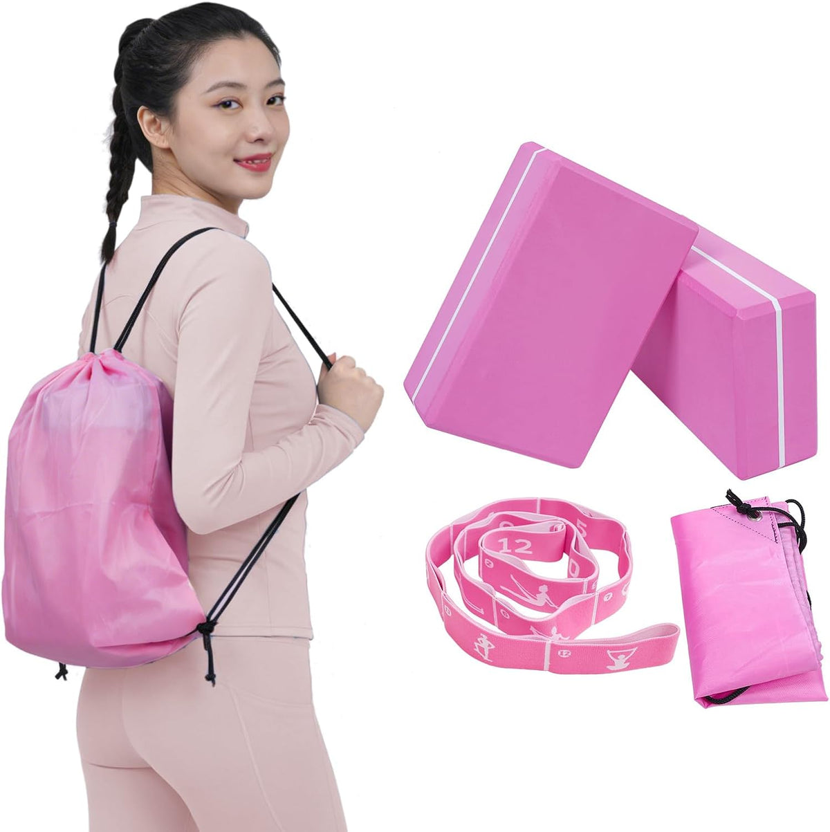 Yoga Blocks 2 Pack with Elastic Stretch Band & Bag – High Density Foam Yoga Blocks for Stability, Deep Stretching & Balance, 12-Loop Resistance Strap for Yoga, Pilates, Dance & Flexibility Training