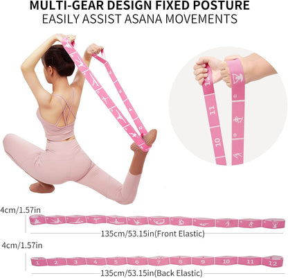 Yoga Blocks 2 Pack with Elastic Stretch Band & Bag – High Density Foam Yoga Blocks for Stability, Deep Stretching & Balance, 12-Loop Resistance Strap for Yoga, Pilates, Dance & Flexibility Training