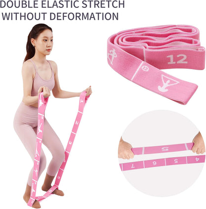 Yoga Blocks 2 Pack with Elastic Stretch Band & Bag – High Density Foam Yoga Blocks for Stability, Deep Stretching & Balance, 12-Loop Resistance Strap for Yoga, Pilates, Dance & Flexibility Training