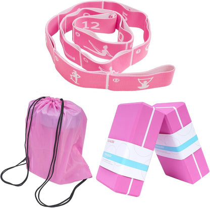 Yoga Blocks 2 Pack with Elastic Stretch Band & Bag – High Density Foam Yoga Blocks for Stability, Deep Stretching & Balance, 12-Loop Resistance Strap for Yoga, Pilates, Dance & Flexibility Training