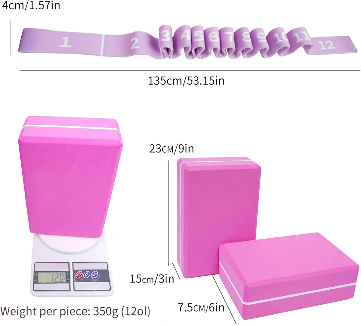 Yoga Blocks 2 Pack with Elastic Stretch Band & Bag – High Density Foam Yoga Blocks for Stability, Deep Stretching & Balance, 12-Loop Resistance Strap for Yoga, Pilates, Dance & Flexibility Training