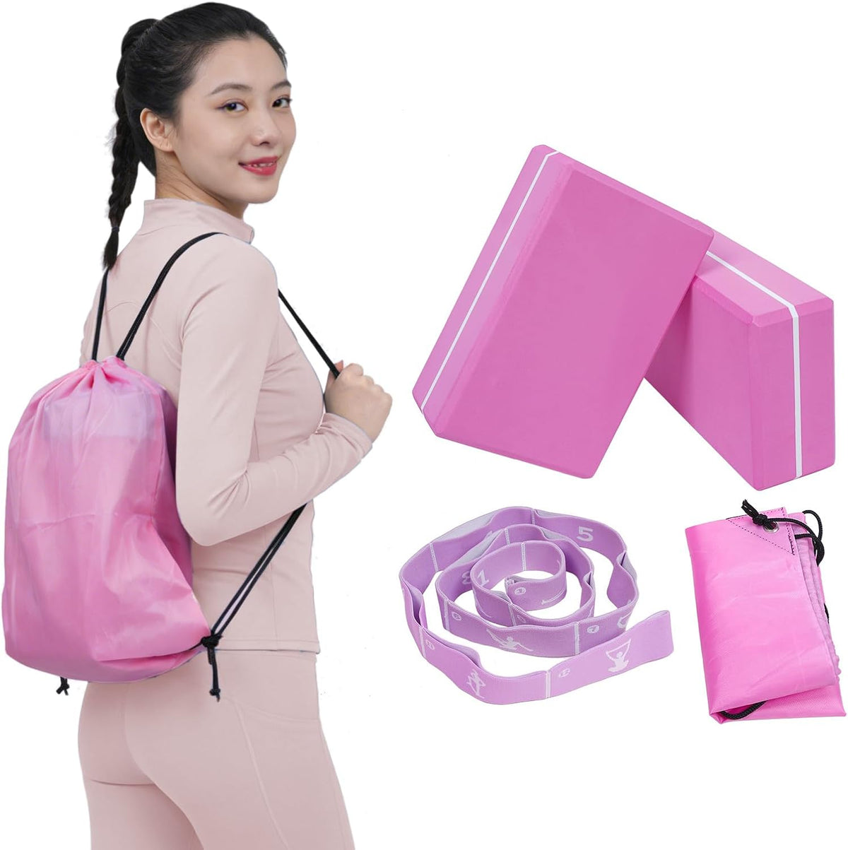 Yoga Blocks 2 Pack with Elastic Stretch Band & Bag – High Density Foam Yoga Blocks for Stability, Deep Stretching & Balance, 12-Loop Resistance Strap for Yoga, Pilates, Dance & Flexibility Training