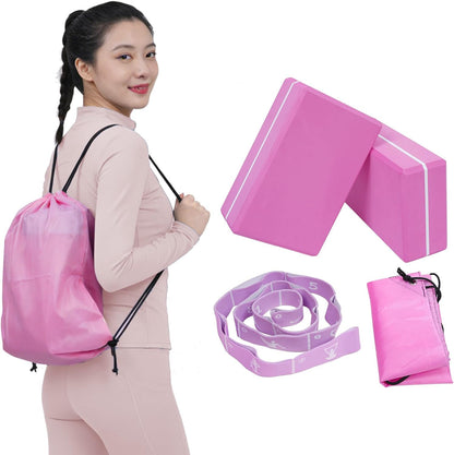 Yoga Blocks 2 Pack with Elastic Stretch Band & Bag – High Density Foam Yoga Blocks for Stability, Deep Stretching & Balance, 12-Loop Resistance Strap for Yoga, Pilates, Dance & Flexibility Training
