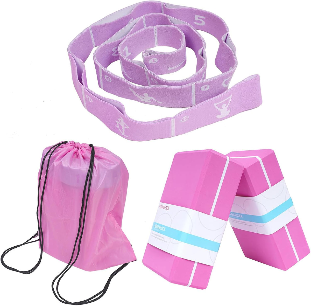 Yoga Blocks 2 Pack with Elastic Stretch Band & Bag – High Density Foam Yoga Blocks for Stability, Deep Stretching & Balance, 12-Loop Resistance Strap for Yoga, Pilates, Dance & Flexibility Training
