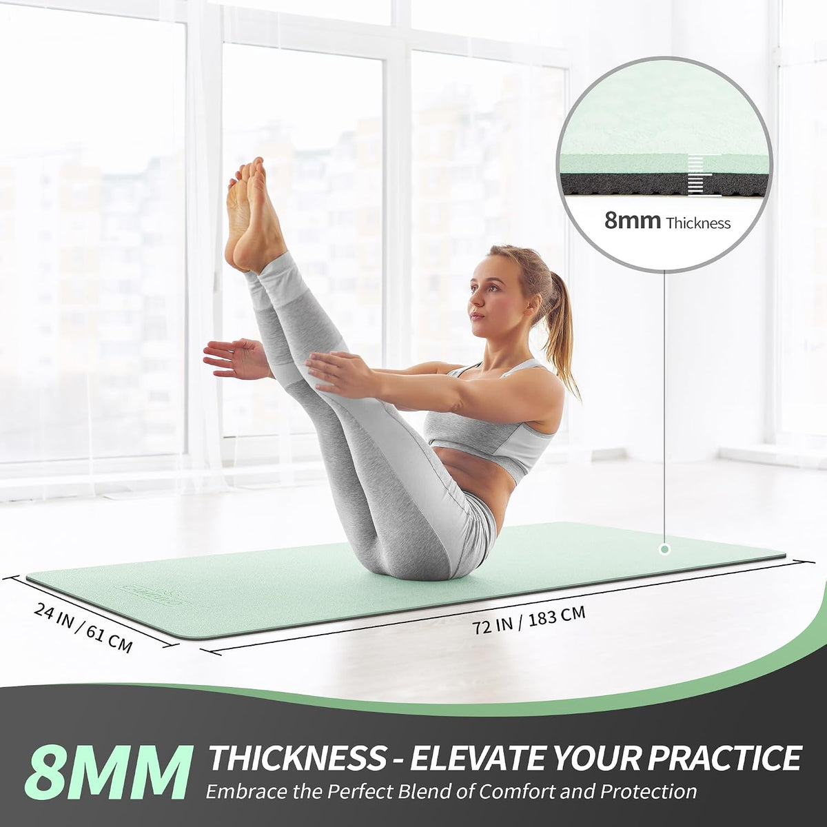 Yoga Mat for Women Men Kids, 1/3 & 1/4 & 2/5 Inch Extra Thick Yoga Mat Non Slip, 72" x 24" TPE Yoga Mats, Workout Mat with Carrying Strap for Yoga, Pilates and Floor Exercises