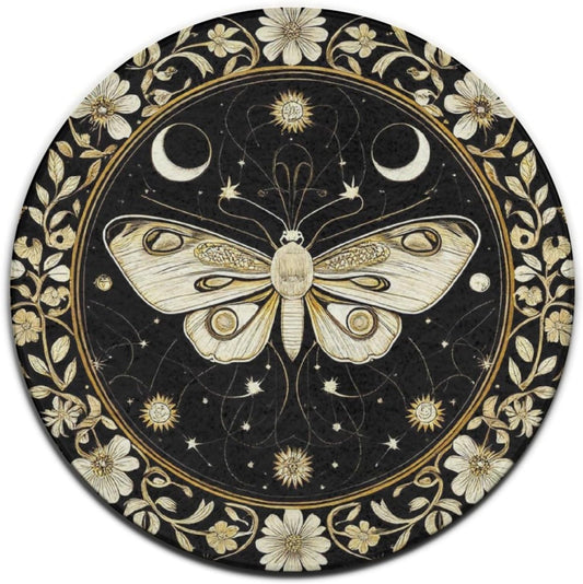 Large Home Decor Mat, Soft Round Yoga Carpet, Non Slip Machine Washable Home Office Circle Rug Gothic Witchy Sun Moon Mushroom Moth