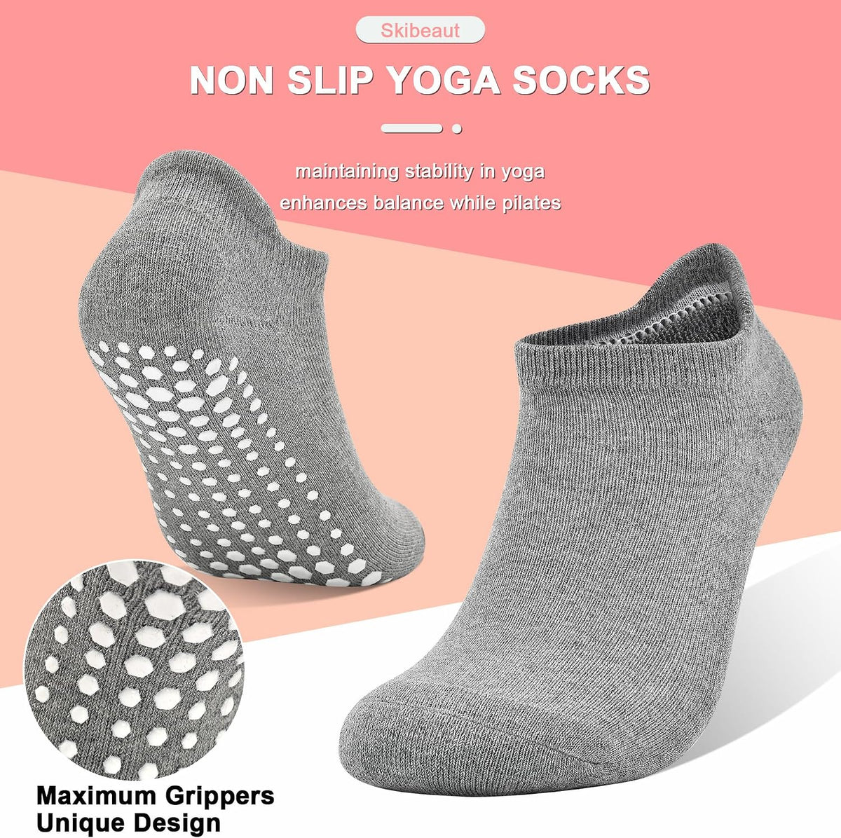 Grips Non Slip Socks for Women, 4 Pairs Yoga Pilates Anti Skid Woman Hospital Gripper Socks (5-12)