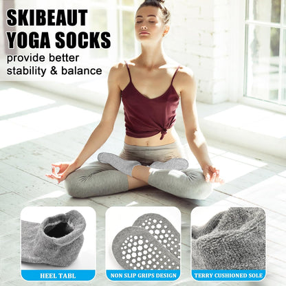 Grips Non Slip Socks for Women, 4 Pairs Yoga Pilates Anti Skid Woman Hospital Gripper Socks (5-12)