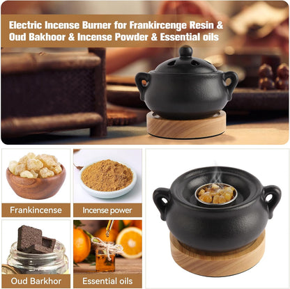Electric Incense Heater with Adjustable Timer, Bakhoor Burner Electric, Bukhoor Burners for Frankincense Resin Oud Power, Charcoal Free No Open Flame Safer Black