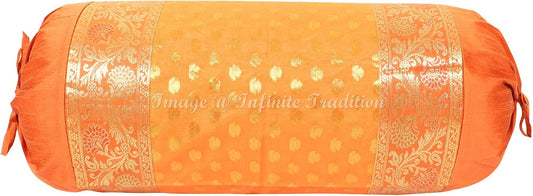 Indian Jacquard Brocade Weave Silk Bolster Tube Pillow Cover Cylindrical Orange Yoga Couch Round Cushion Cover Home Décor Living Room Small Leaves Throw Cushion Cover 30x15 inch, 76x38cm -1 Pc.