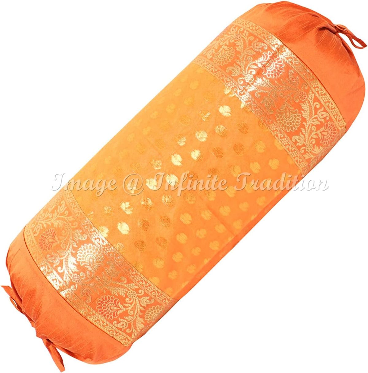Indian Jacquard Brocade Weave Silk Bolster Tube Pillow Cover Cylindrical Orange Yoga Couch Round Cushion Cover Home Décor Living Room Small Leaves Throw Cushion Cover 30x15 inch, 76x38cm -1 Pc.