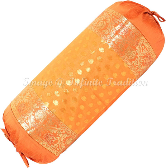 Indian Jacquard Brocade Weave Silk Bolster Tube Pillow Cover Cylindrical Orange Yoga Couch Round Cushion Cover Home Décor Living Room Small Leaves Throw Cushion Cover 30x15 inch, 76x38cm -1 Pc.