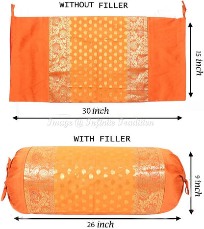 Indian Jacquard Brocade Weave Silk Bolster Tube Pillow Cover Cylindrical Orange Yoga Couch Round Cushion Cover Home Décor Living Room Small Leaves Throw Cushion Cover 30x15 inch, 76x38cm -1 Pc.
