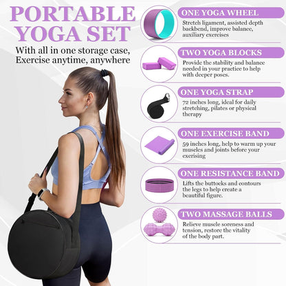 All in One Yoga Wheel Set, Soft Foam Roller Wheel for Back Pain & Stretching, Yoga Blocks 2 Pack with Strap, Trigger Point Therapy Massage Ball for Deep Tissue, Yoga Starter Kit for Beginner