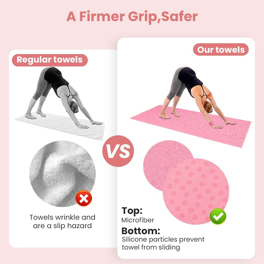 Yoga Towel, Yoga Mat Towel with Grip Dots, Microfiber Yoga Blanket Towels, Soft & Breathable, with Quick Dry Towels and Mesh Carry Bag, for Bikram, Pilates and Workout, 24" x72", Pink